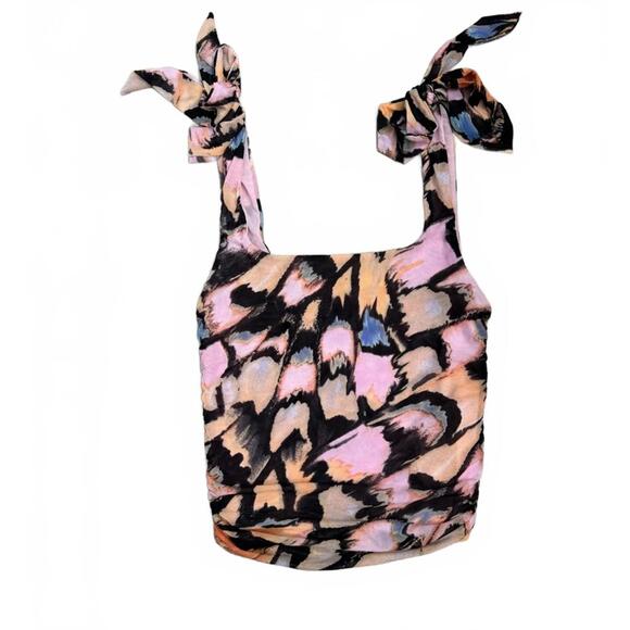 Free People Avenue Black Abstract Print Tie Sleeve Crop Tank Top- Size Small - Picture 1 of 6